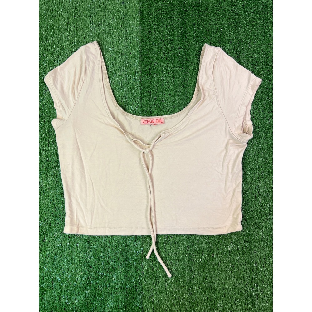 Verge Girl Beige Front Tie Scoop Neck Cropped Baby Tee Short Sleeve Top S/M